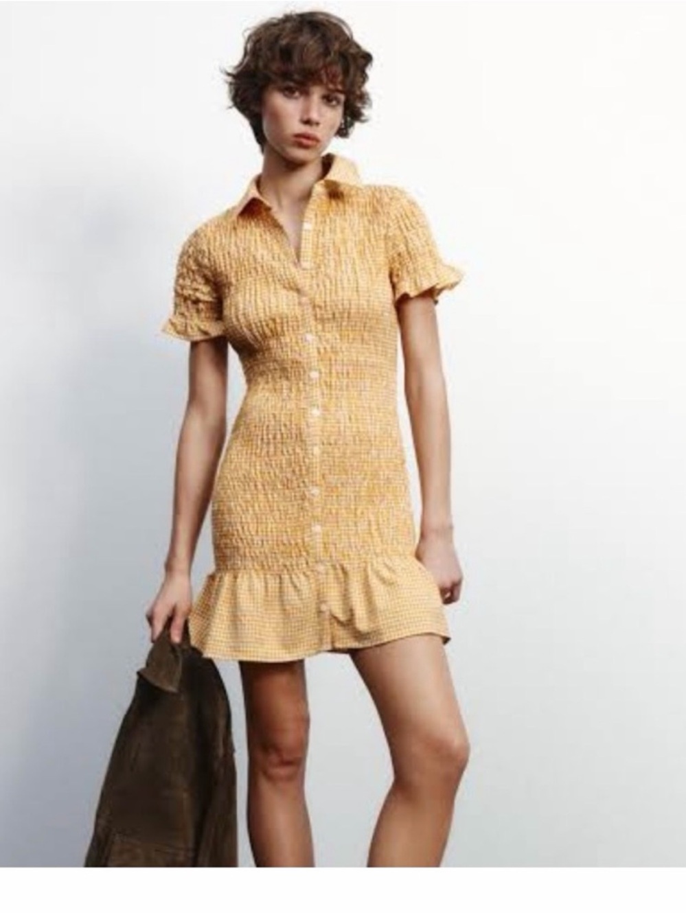 Zara Yellow Gingham Shirred Button-Front Mini Dress